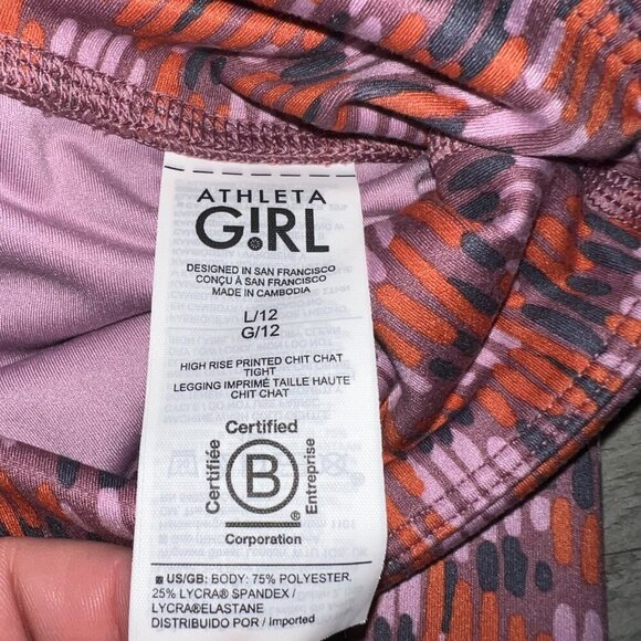 Athleta Girl High Rise Printed Chit Chat Leggings Pink/Orange/Purple Size L/12 - Picture 6 of 6